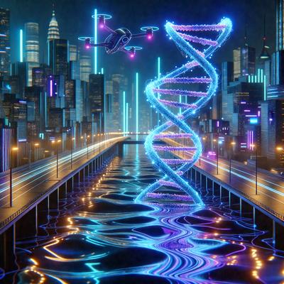 The primary subject of the image is a large, blue DNA strand that is floating in the air. The setting is a futuristic cityscape, with tall buildings and a bridge visible in the background. The visual style appears to be a combination of digital art and illustration, creating a unique and captivating scene. The dominant colors in the image are blue and purple, giving the scene a futuristic and technological atmosphere.